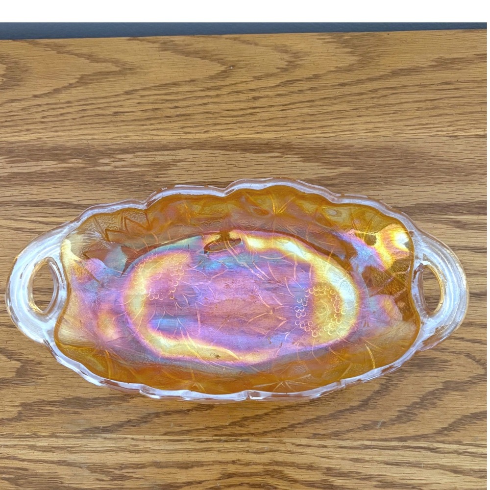 Vintage‎ Indiana Marigold Carnival Glass Relish Dish Floral Starburst Oval